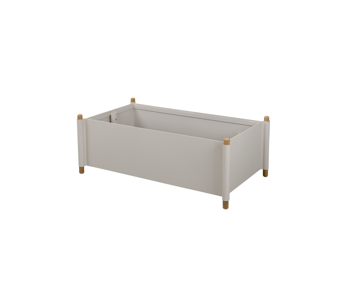Lys grå opbevaringsboks med træben og et minimalistisk design, velegnet til organisering af forskellige genstande.