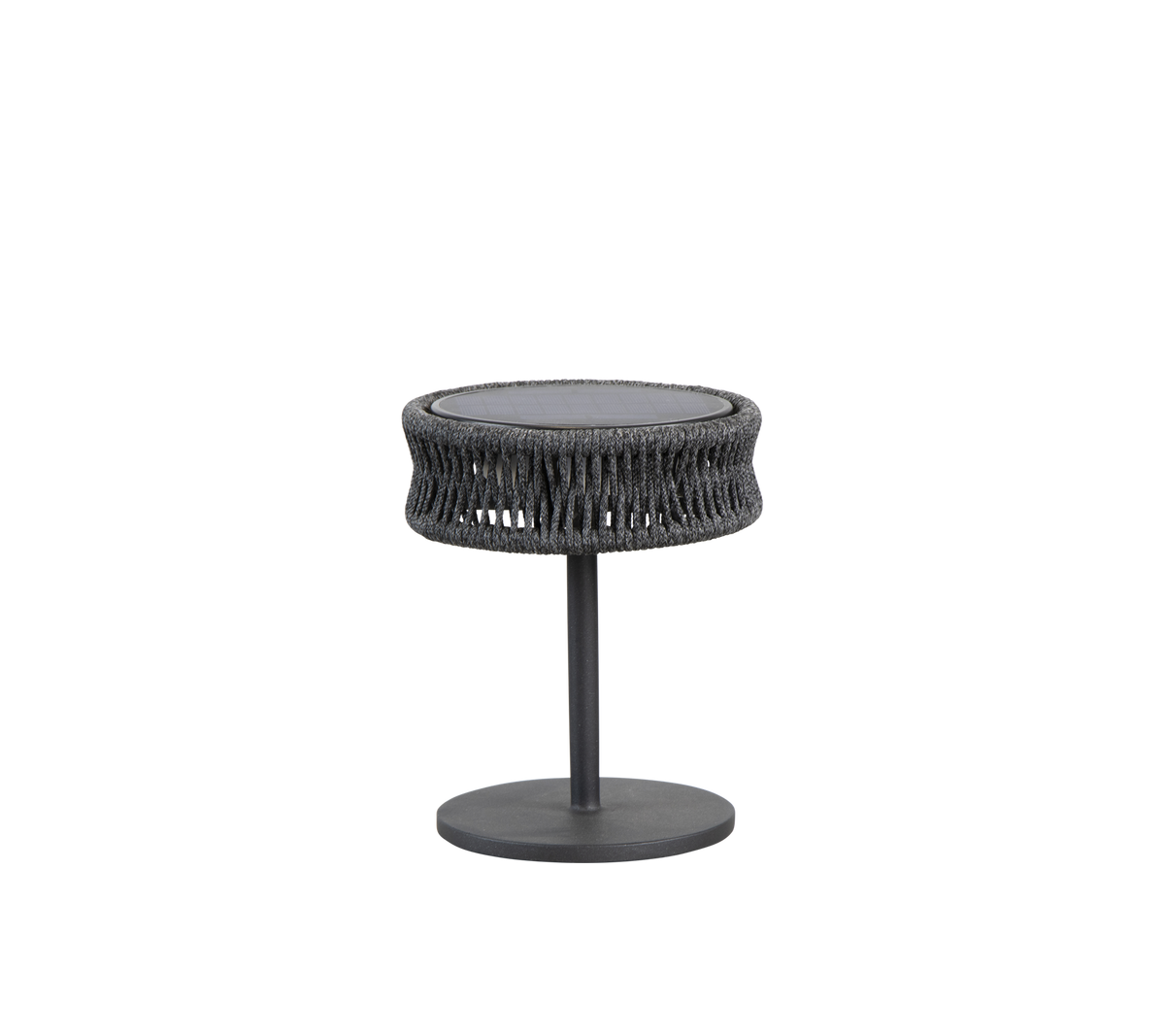 Rund sidebord med et tekstureret vævet design og en slank metalbund, ideel til at tilføre stil til ethvert rum.