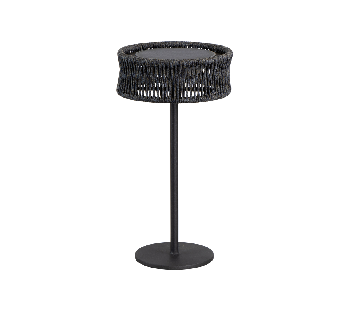 Et slankt, moderne bord med en rund top og en vævet tekstur, støttet af en enkel sort metalbase.