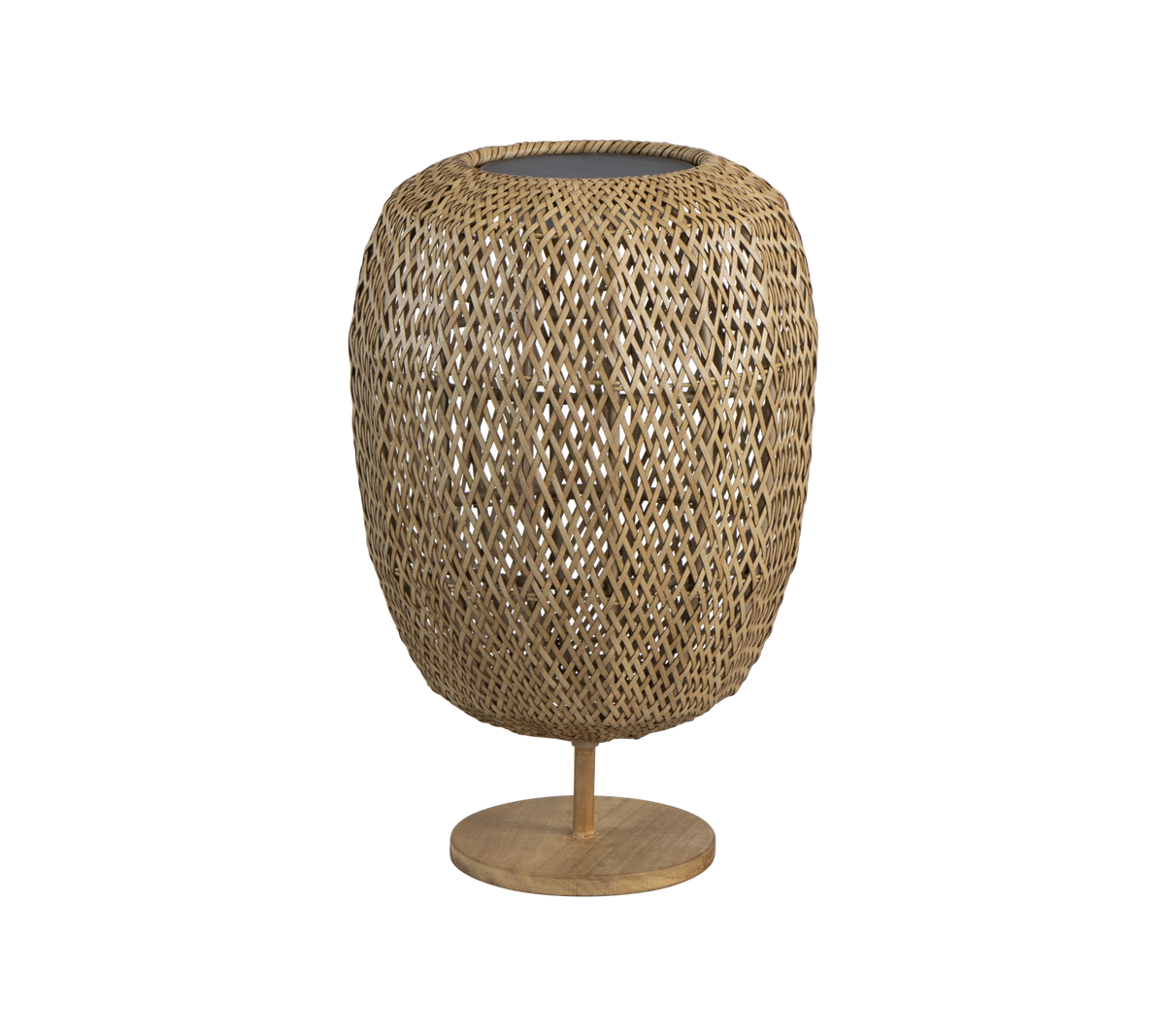 Vævet lampe i naturfiber med en rund form og en robust base, der tilføjer et stilfuldt præg til enhver indretning.