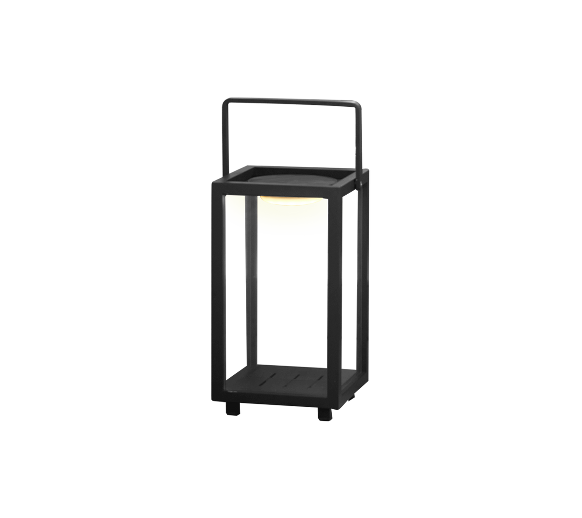 Et moderne LED lampe design med en kvadratisk ramme og håndtag, med et blødt lys, der stråler i midten.