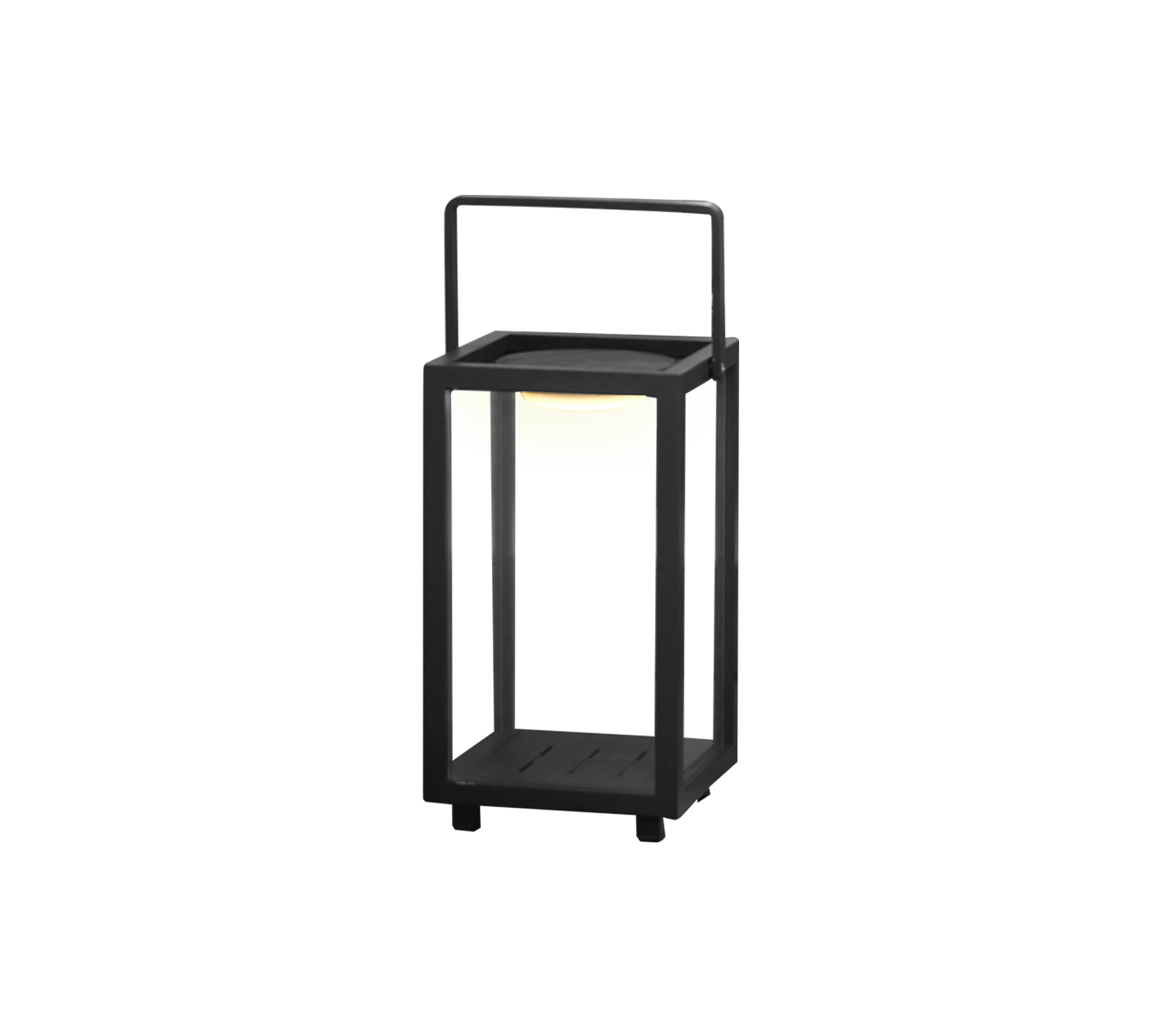 Et moderne LED lampe design med en kvadratisk ramme og håndtag, med et blødt lys, der stråler i midten.