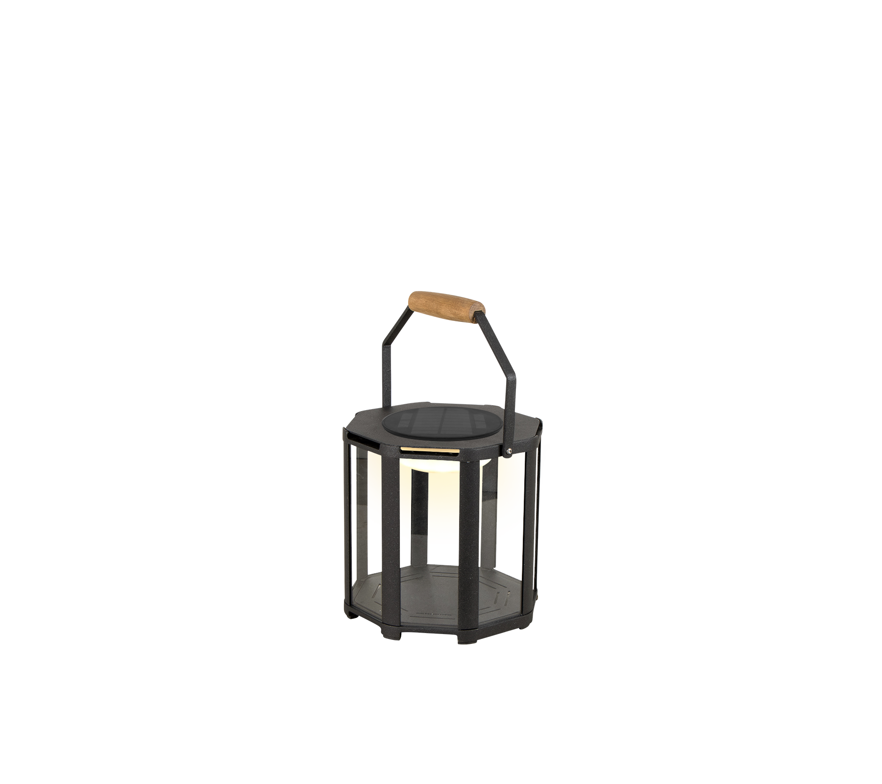En stilfuld lanterne med en sort metalramme og et træhåndtag, designet med LED-belysning for et moderne præg.