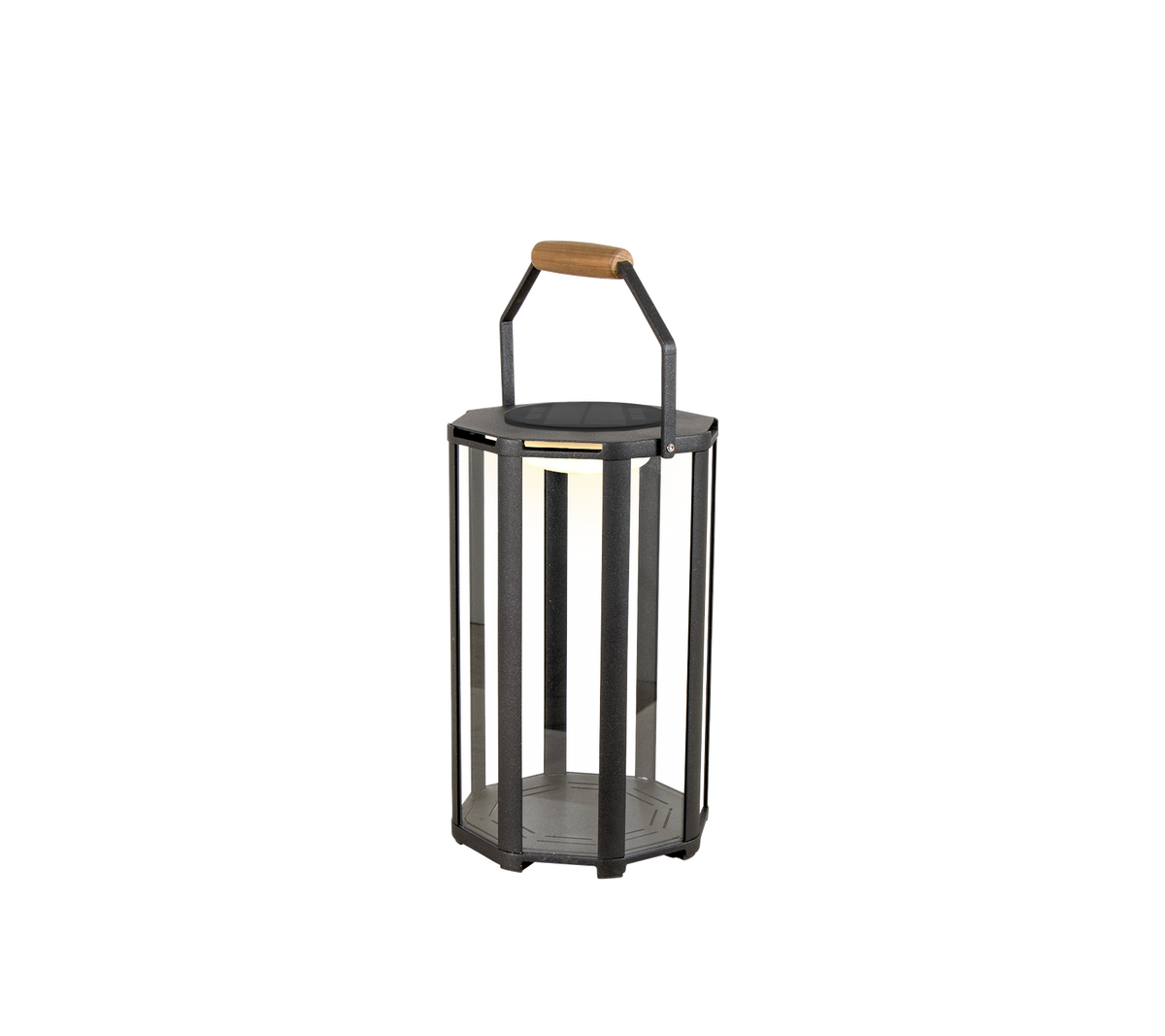 Stilren lanterne med metalramme og træhåndtag, der har LED-belysning for et moderne præg.