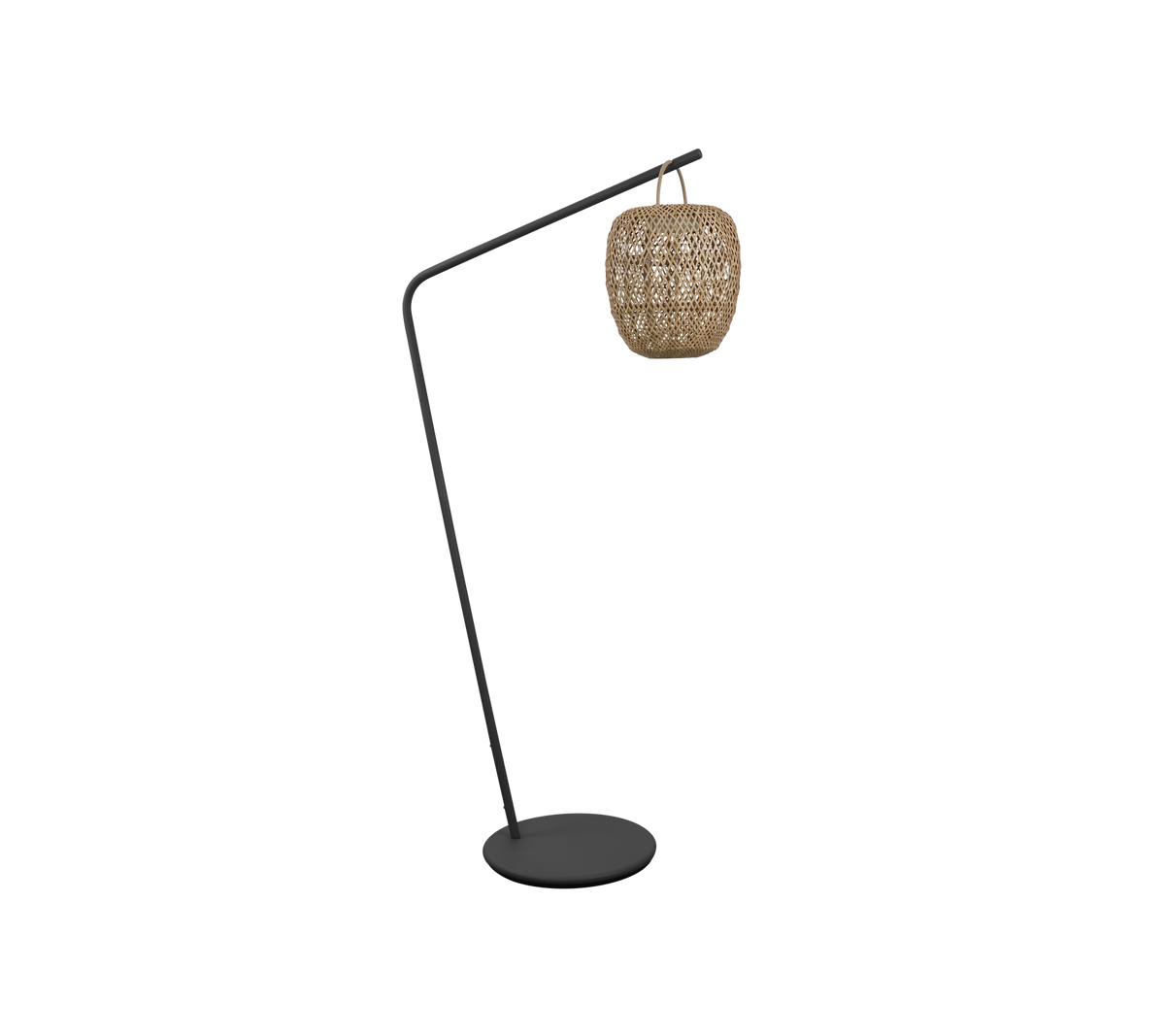 En stilfuld gulvlampe med et buet design og en vævet skærm, perfekt til at tilføje et moderne præg til dit rum.