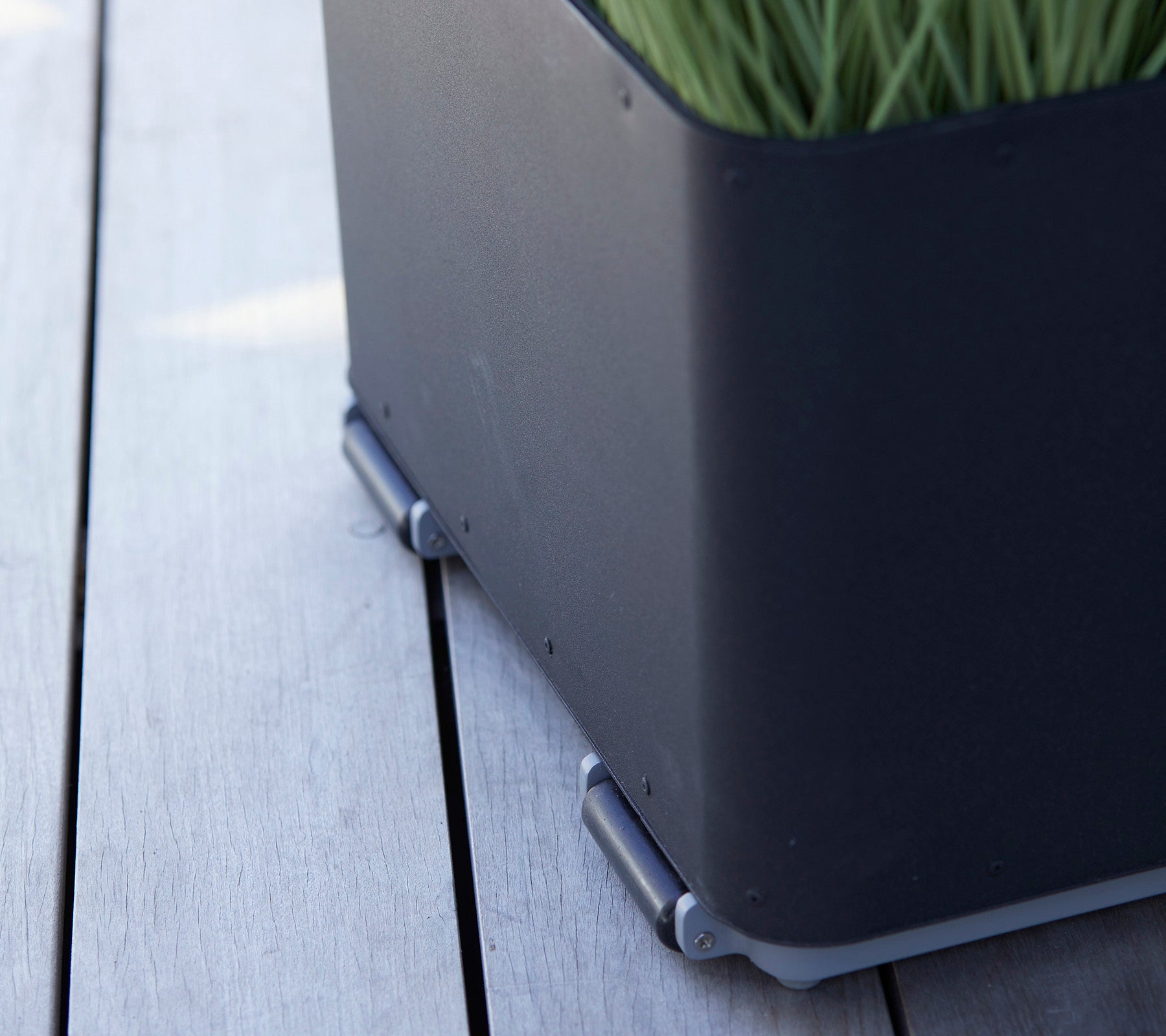 Sort plantekasse med et elegant design, der har grøn græs og sølvforbindelser, der ligger på en træoverflade.