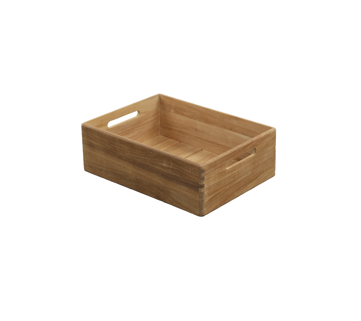 Teakfad med indbygget håndtag, der har et simpelt og funktionelt design.