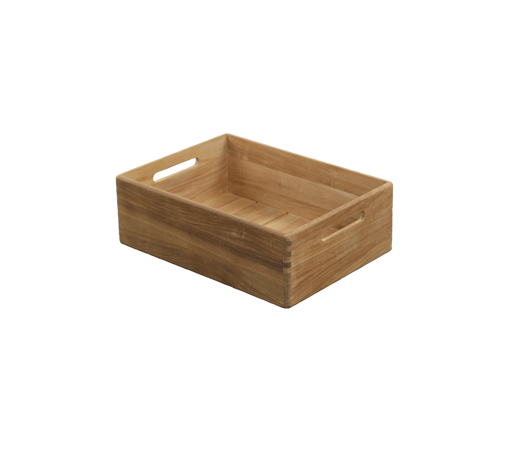 Teakfad med indbygget håndtag, der har et simpelt og funktionelt design.