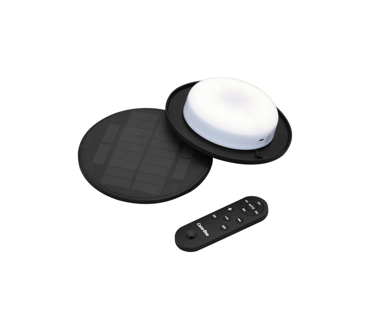 Solcelledrevet LED-lys med en rund hvid lampe, et sort solpanel og en fjernbetjening til betjening.