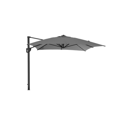 En cantilever parasol med en mørk belægning, der giver skygge og støtte fra en opretstående pole. Ideel til udendørsrum.
