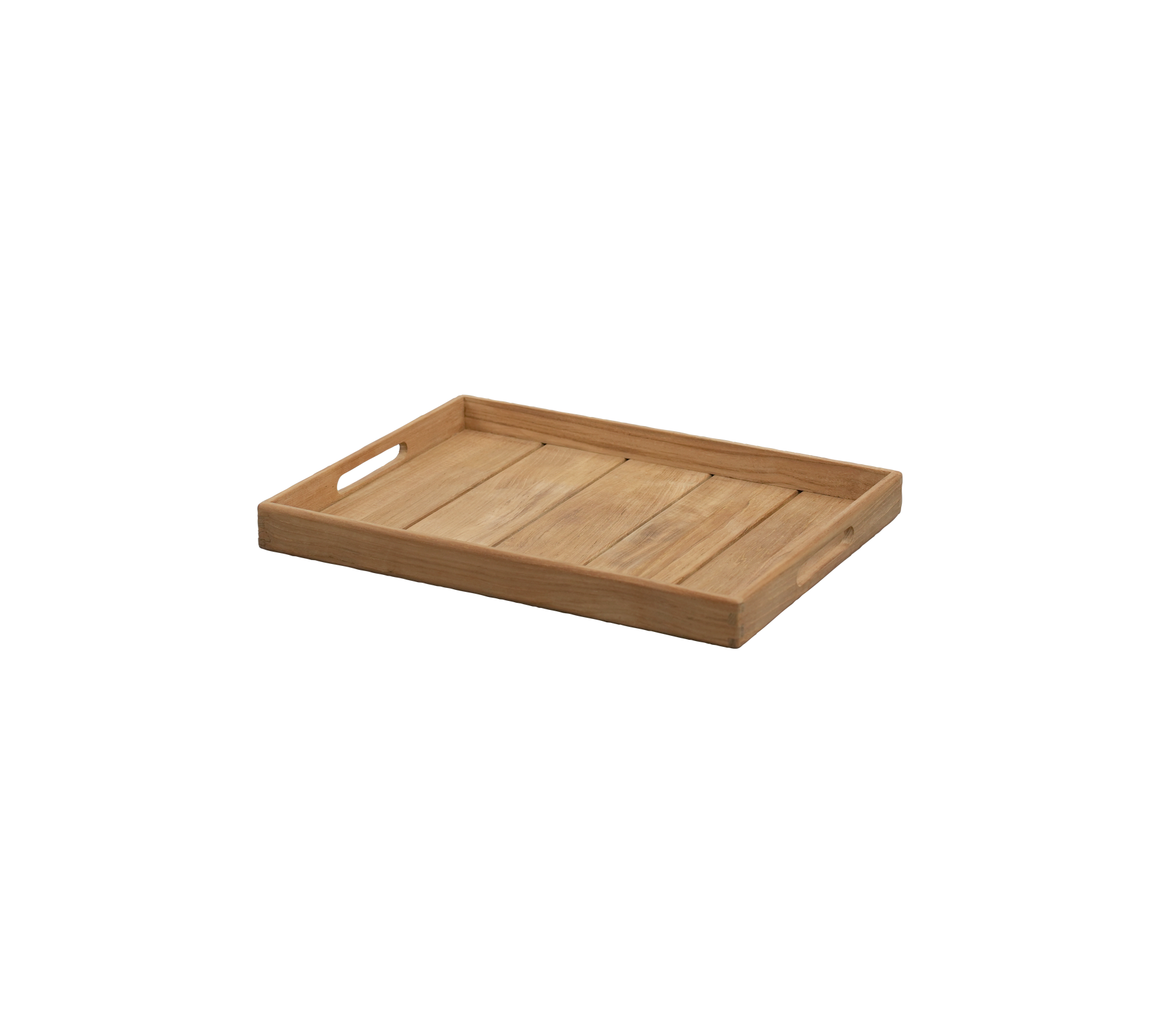Teakfad med udskårede håndtag og et enkelt design.