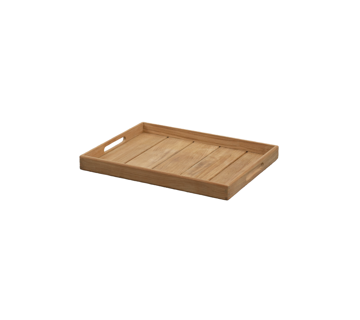 Teakfad med udskårede håndtag og et enkelt design.