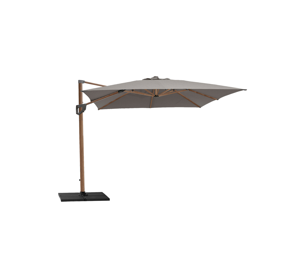 Elegant parasol med en beige top og træramme, understøttet af en robust sort base, perfekt til at skabe skygge og forbedre udendørs rum.
