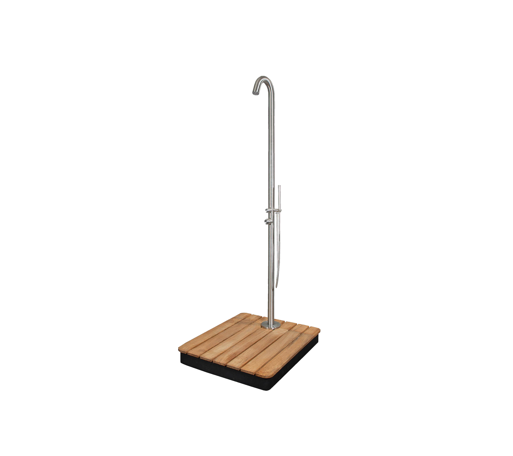 Stilfuld udendørs bruser med et strømlinet design, der har en robust base og et højt, buet brusehoved for et elegant udseende.