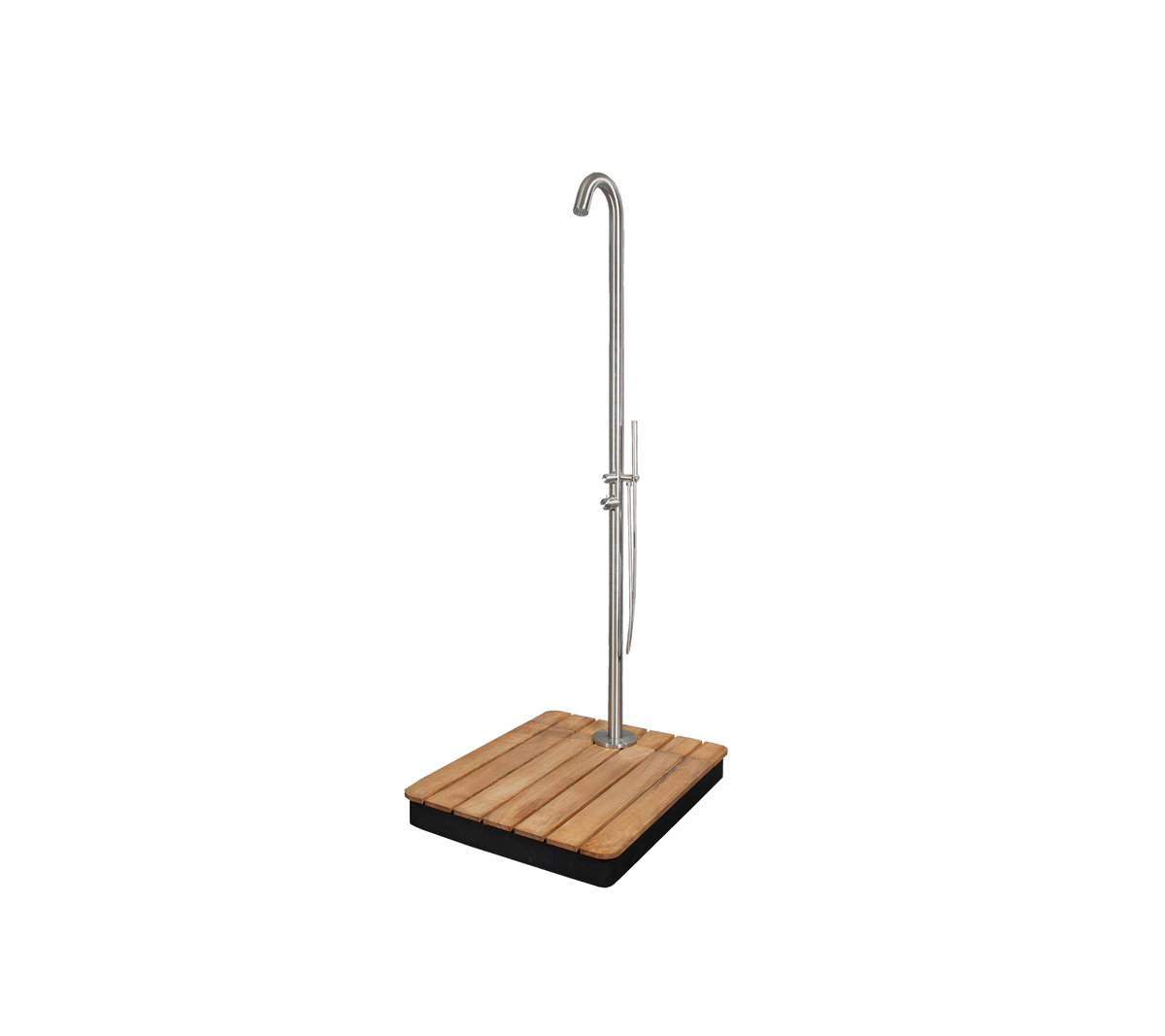 Stilfuld udendørs bruser med et strømlinet design, der har en robust base og et højt, buet brusehoved for et elegant udseende.