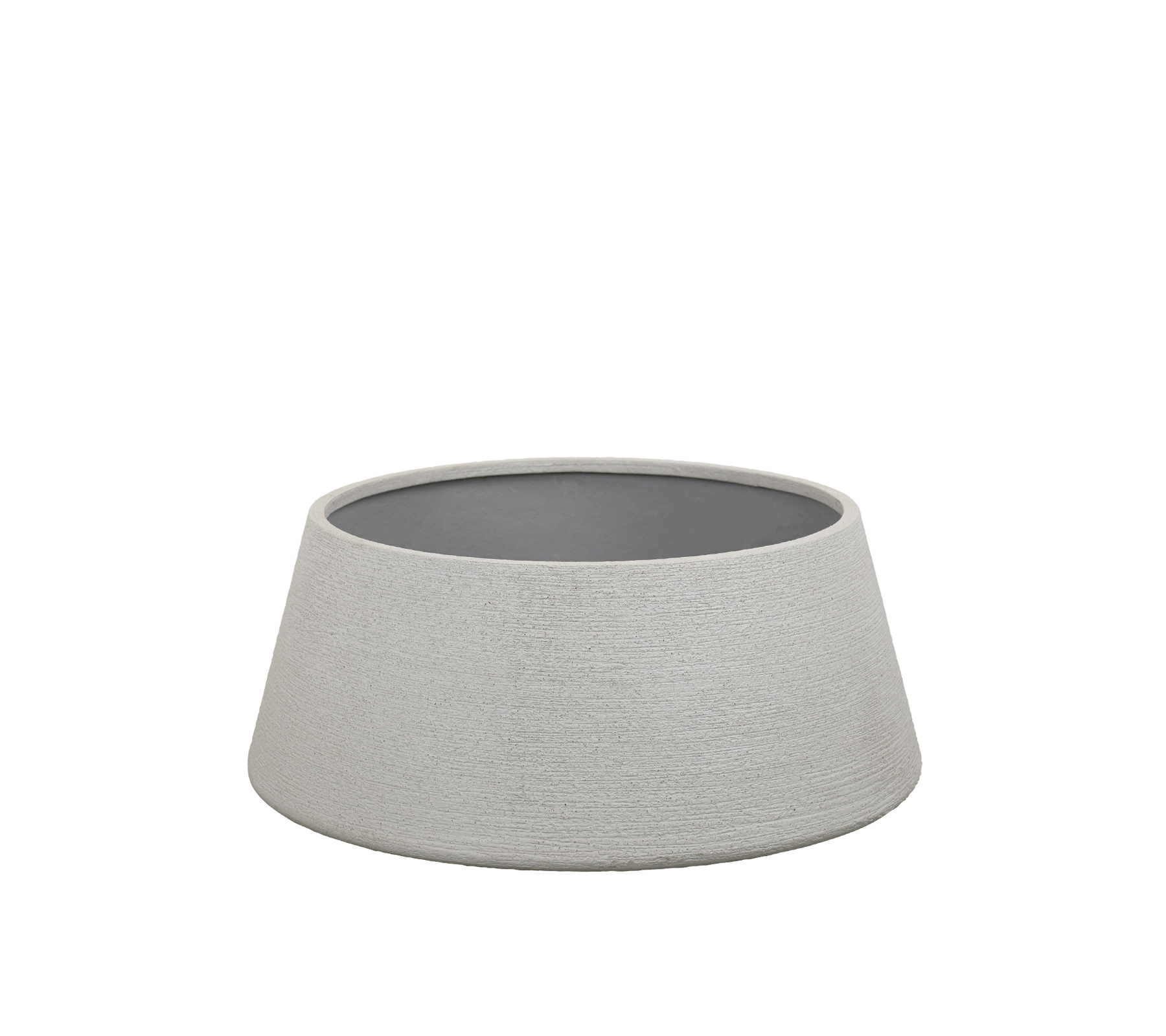 Grå skål med en tekstureret yderside og mørk inderside.