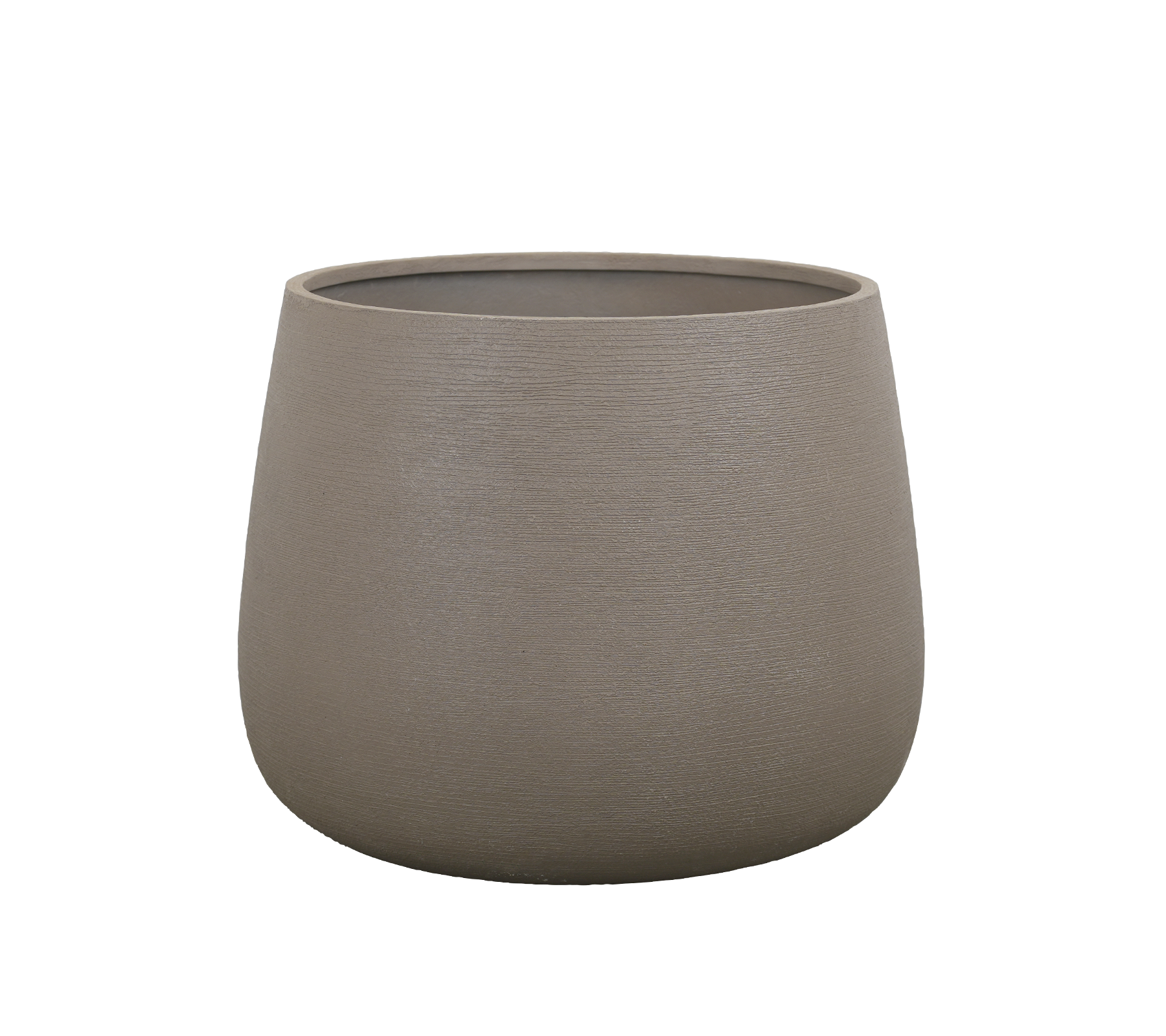 Rund taupe plantekrukke med en glat overflade.