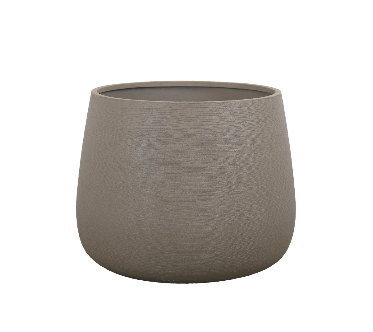 Rund taupe plantekrukke med en glat overflade.