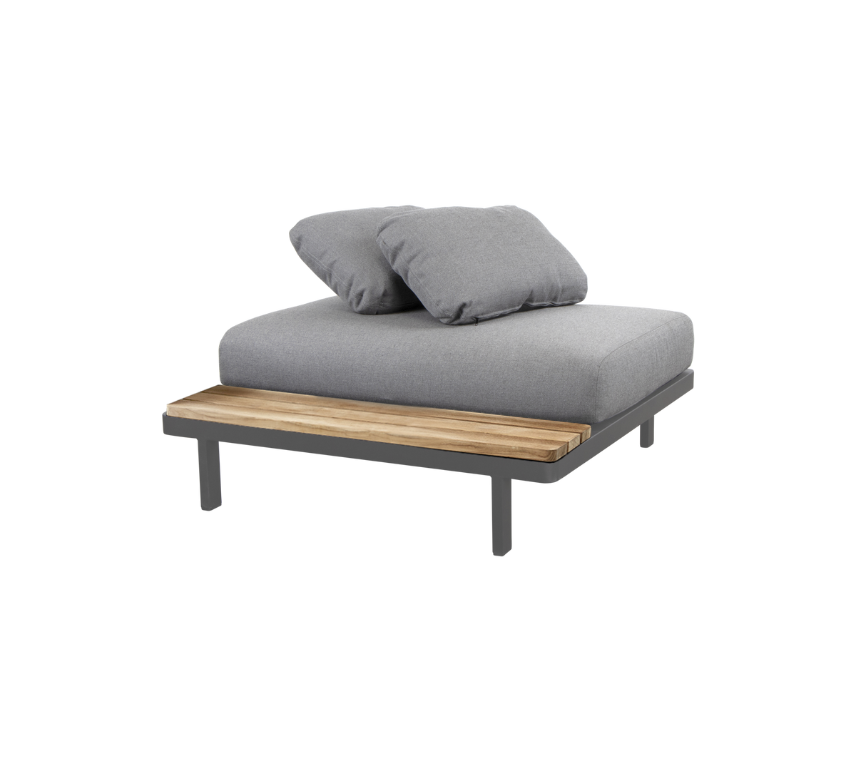 Elegant loungemøbler med en polstret grå overflade og et træaccent, perfekt til afslapning og komfort.