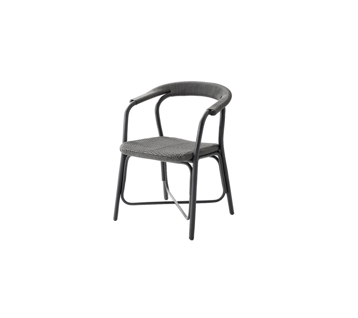 Stilfuld stol med en buet ryg og armlæn, der har et vævet sæde og en robust ramme, perfekt til moderne siddebehov.