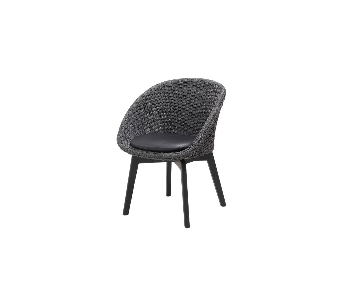 Stilfuld stol med en rund vævet sæde og sort polstret overflade, understøttet af slanke ben til moderne siddepladser.