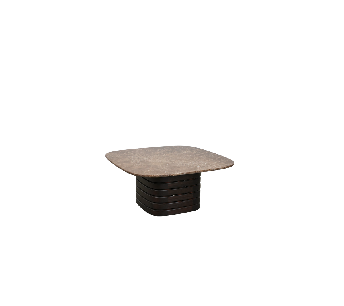 Mørkebrunt bord med et minimalistisk design og firkantet top.