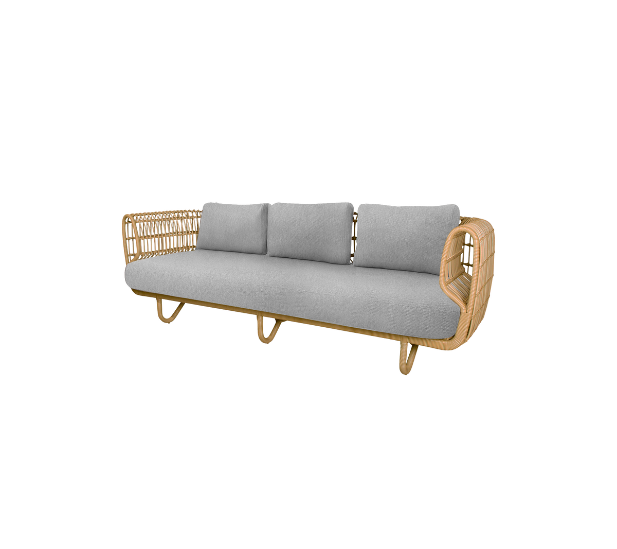 Stilfuld sofa med en ramme af naturligt træ og bløde grå puder, perfekt til at tilføje komfort og elegance til ethvert rum.