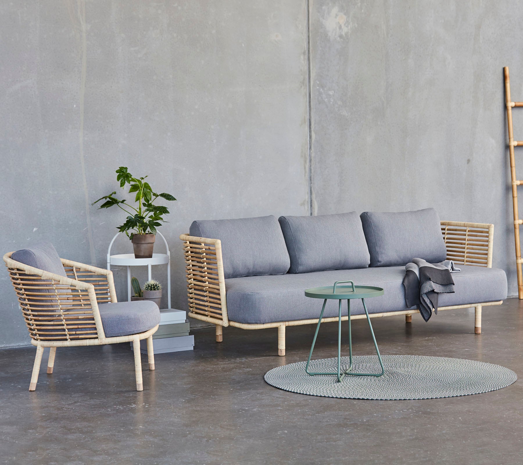 Et moderne siddearrangement med en grå sofa, en matchende stol, et rundt tæppe og et lille bord med en potteplante.