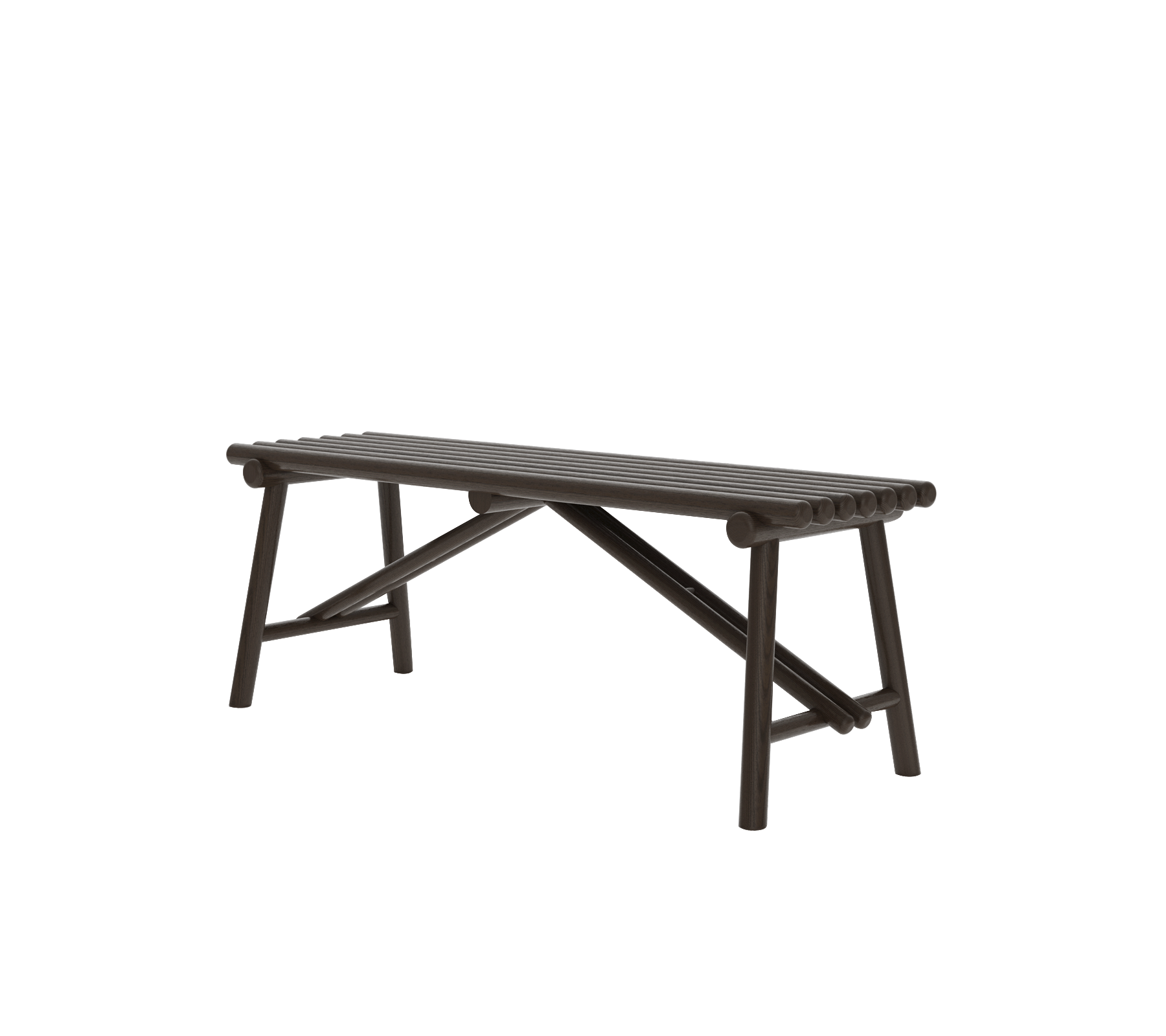 En simpel, mørkebrun træbænk med et solidt design, der har en lamelleret top og skrå ben.