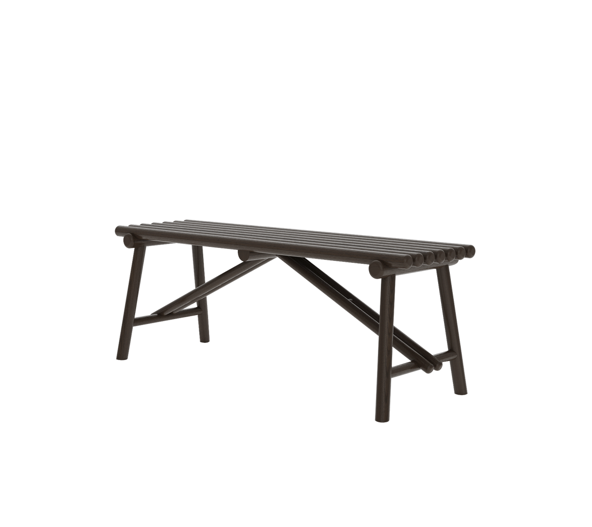En simpel, mørkebrun træbænk med et solidt design, der har en lamelleret top og skrå ben.