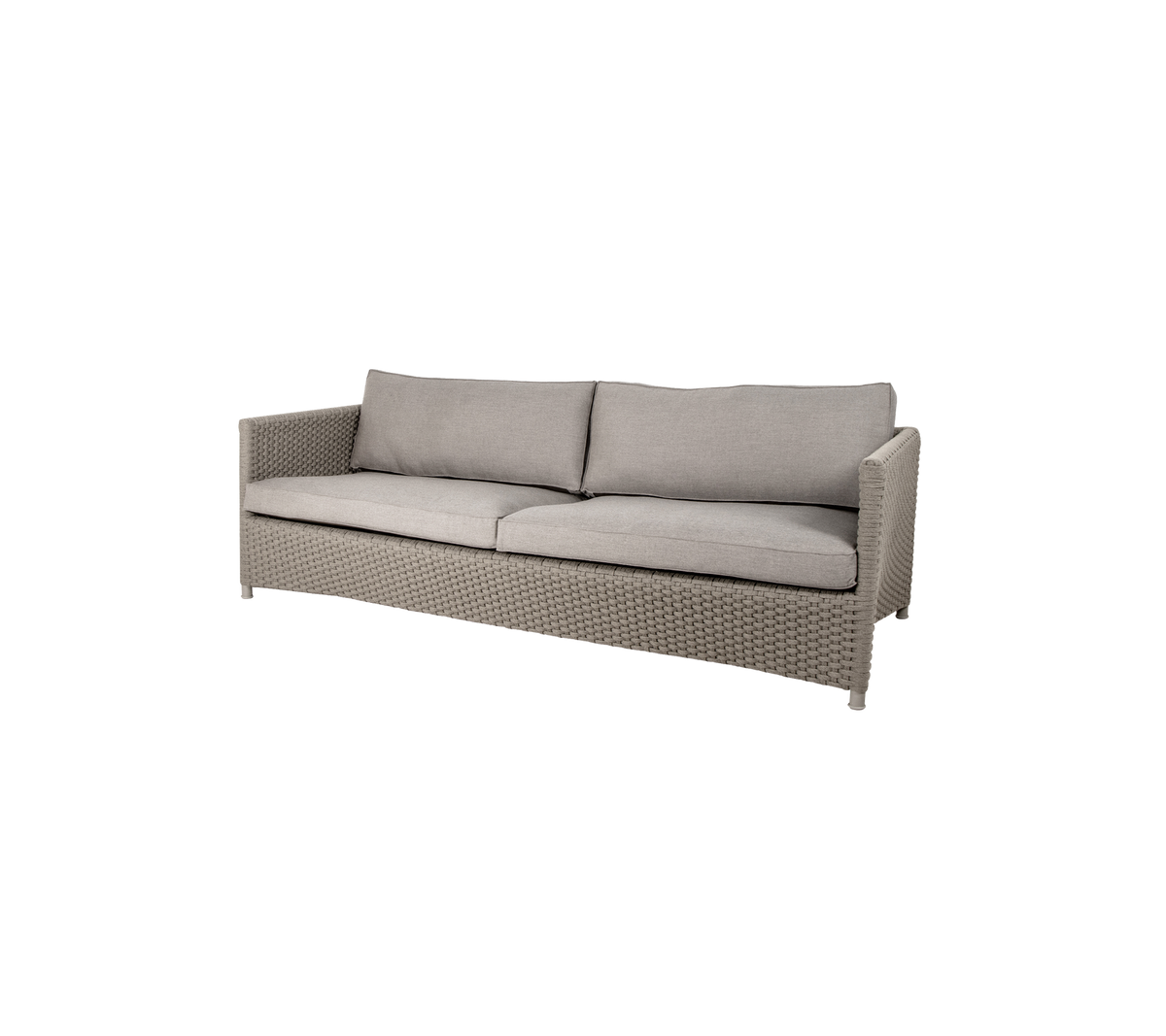 Stilfuld, moderne sofa med en lys grå pude og vævet tekstur, der tilbyder komfortabel siddeplads til flere personer.