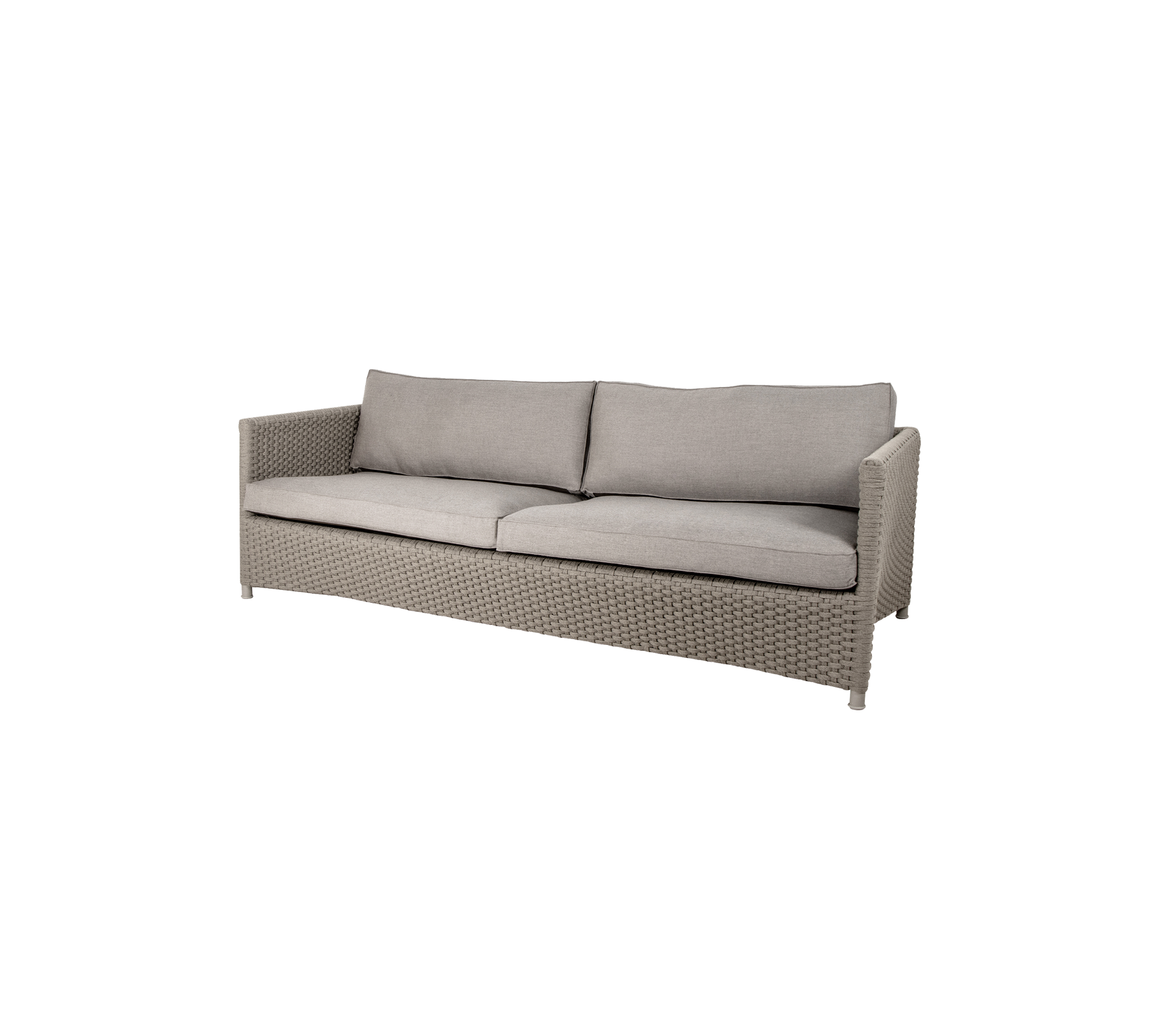 Stilfuld, moderne sofa med en lys grå pude og vævet tekstur, der tilbyder komfortabel siddeplads til flere personer.