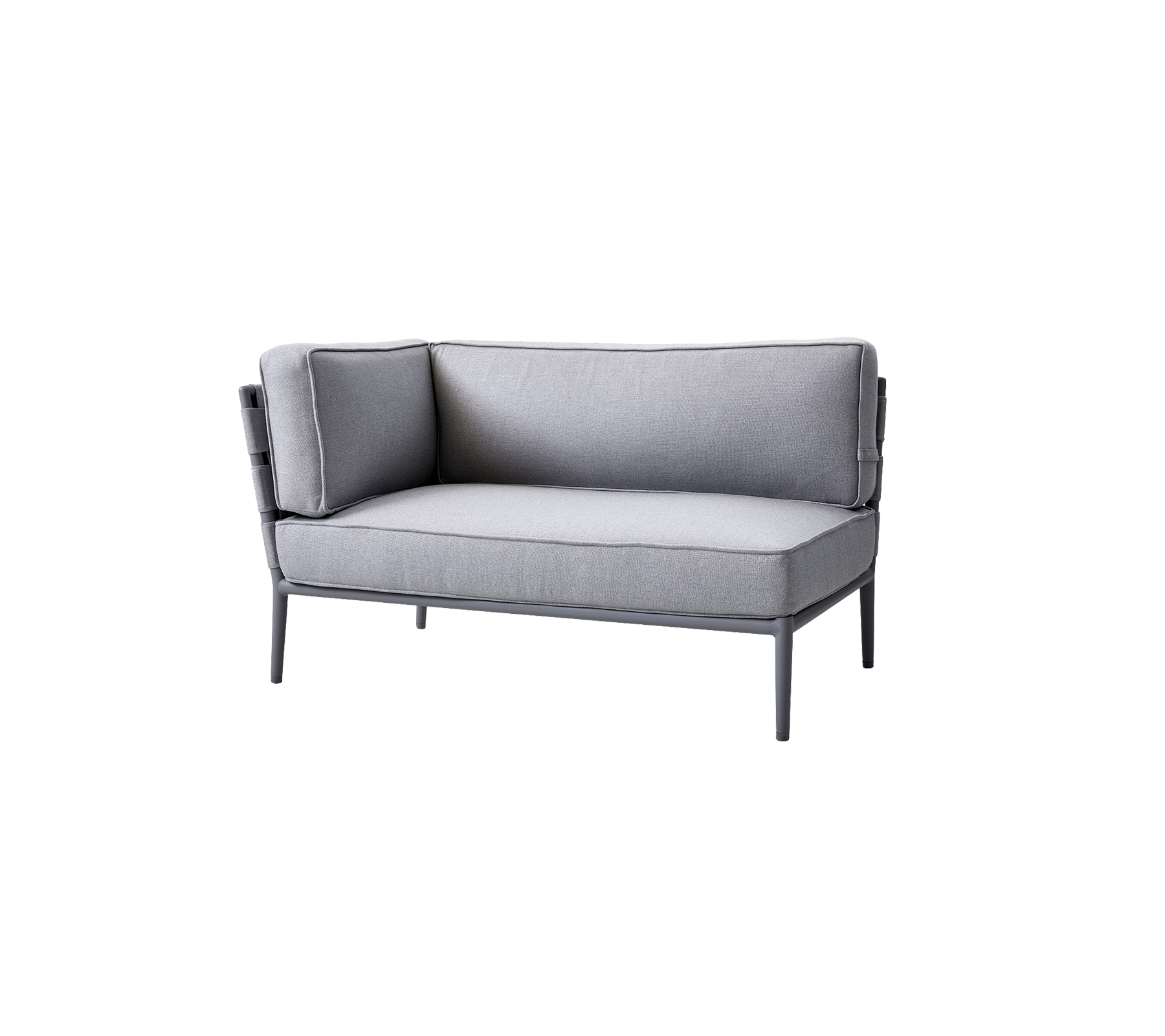 Grå to-personers sofa med bløde puder og en slank metalramme, designet til komfort og moderne æstetik.