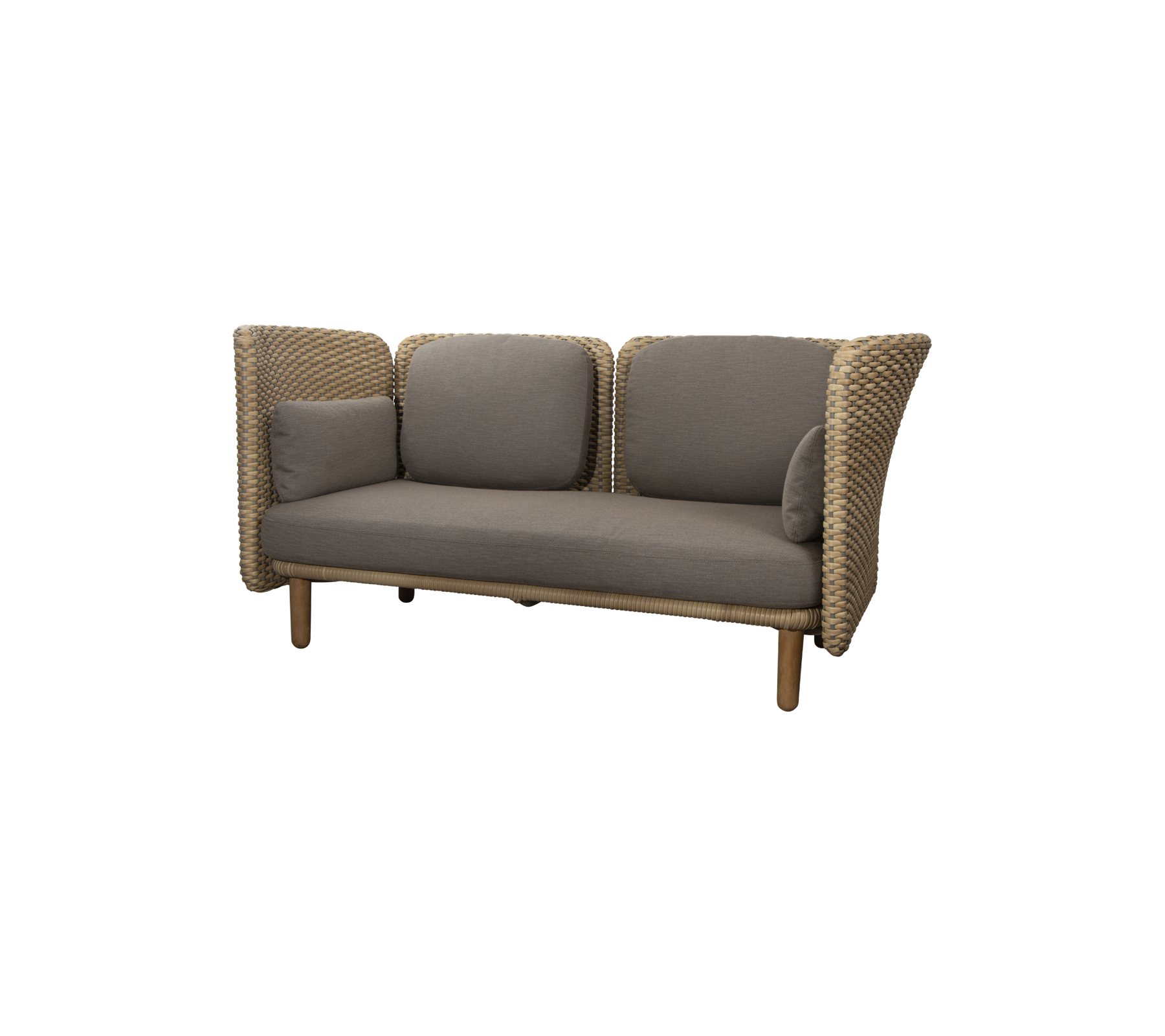 Behagelig sofa med et vævet design, der har bløde grå puder og støttende sidepaneler. Ideel til moderne siddeområder.