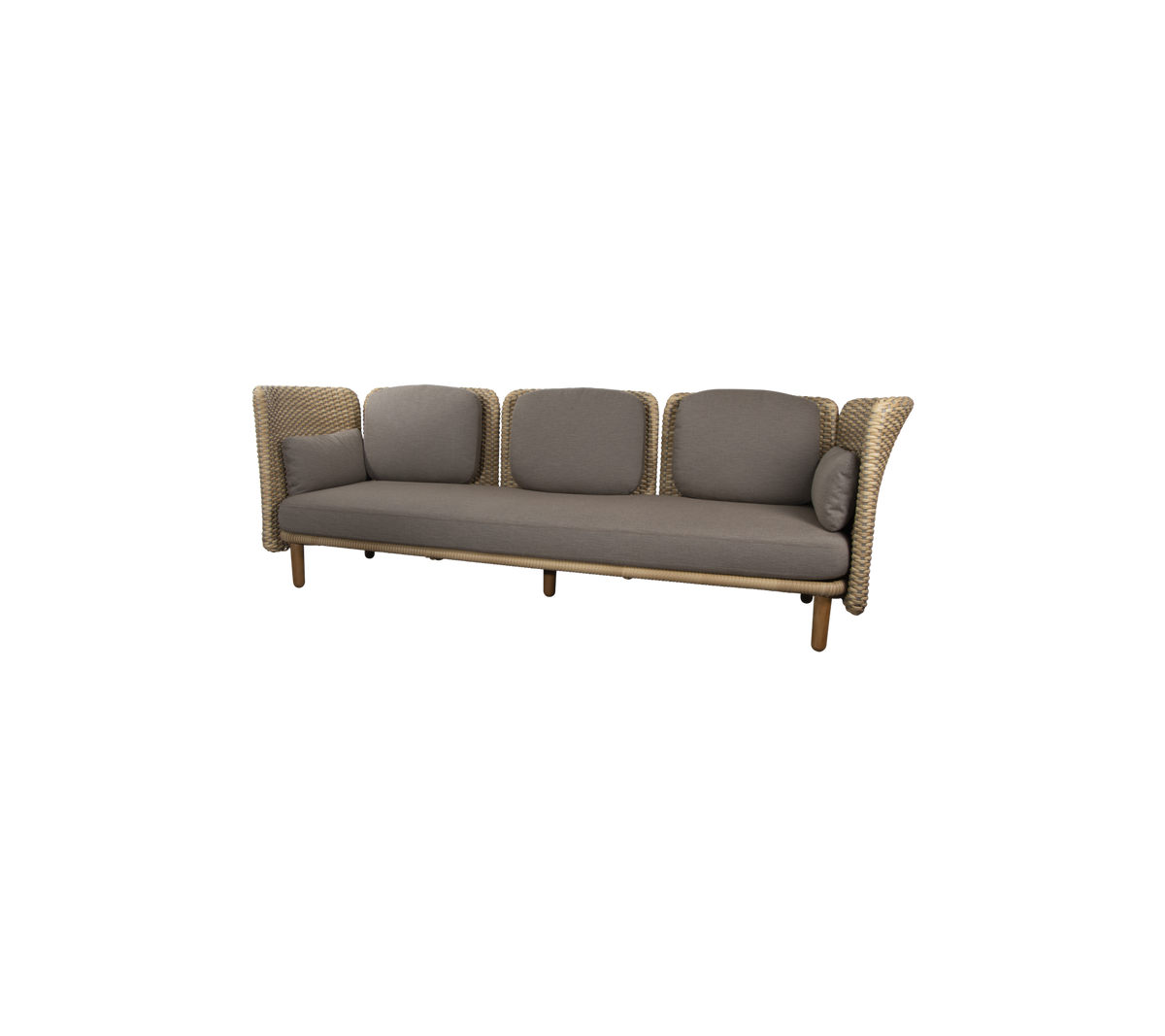 En stilfuld, fire-personers sofa med et vævet design og bløde, neutralt farvede puder for komfort og elegance.