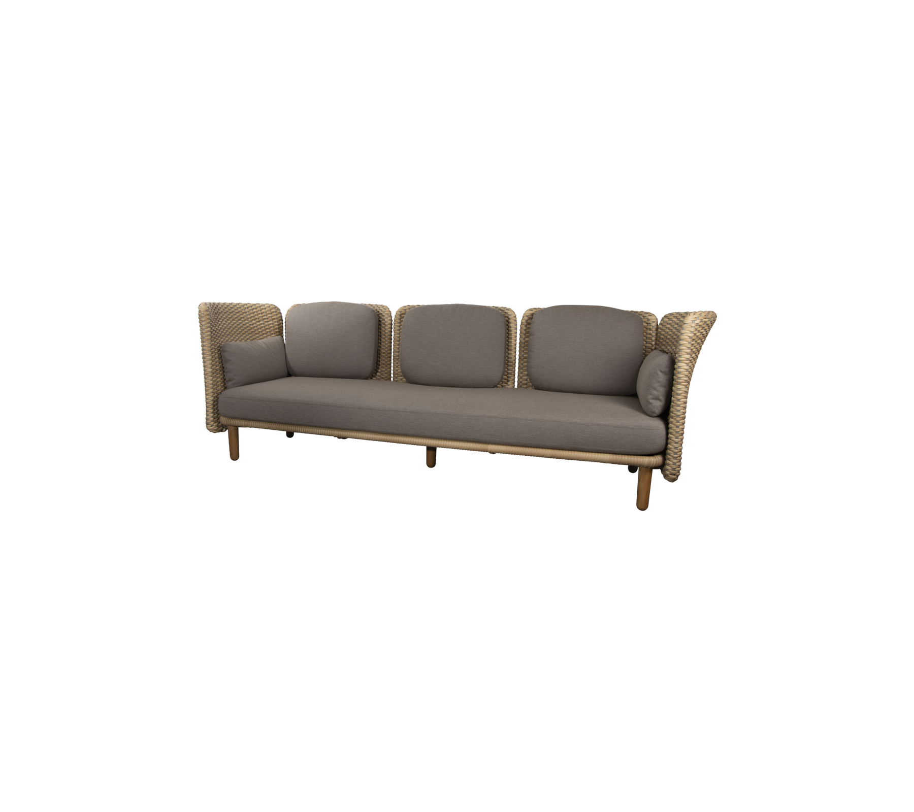 En stilfuld, fire-personers sofa med et vævet design og bløde, neutralt farvede puder for komfort og elegance.