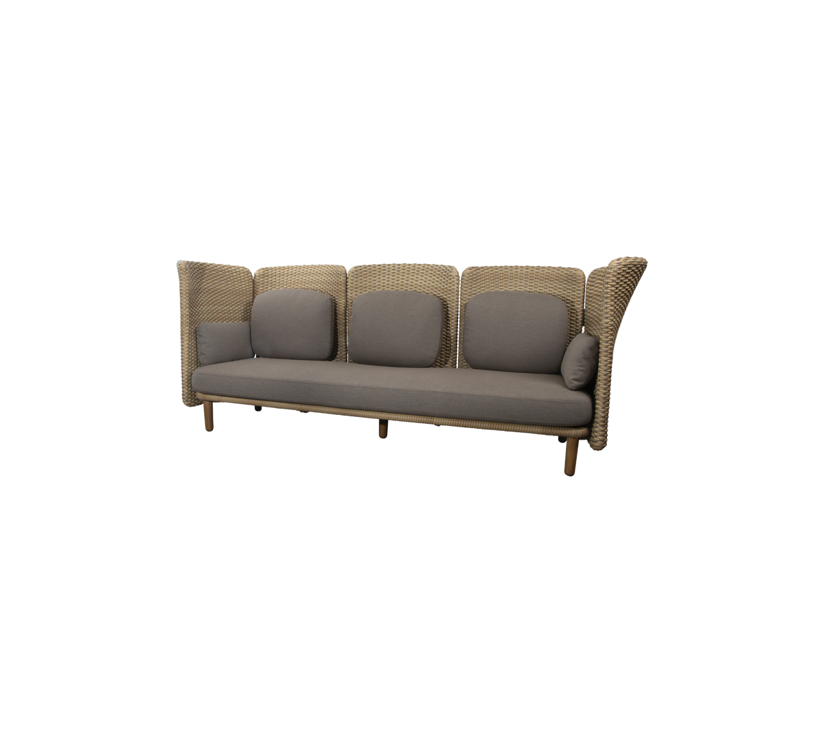 Stilfuld tre-personers sofa med et vævet design og grå puder, perfekt til moderne stuer.