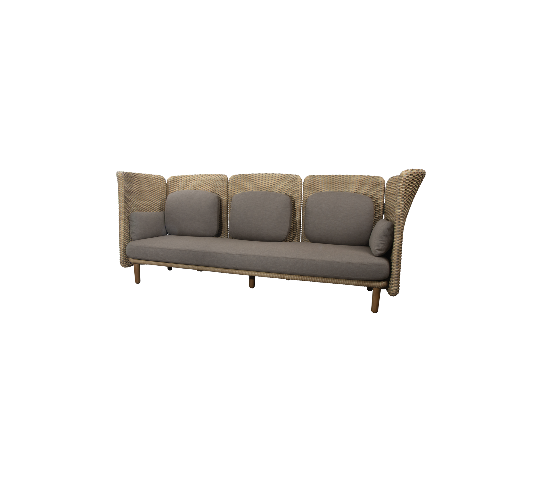 Stilfuld tre-personers sofa med et vævet design og grå puder, perfekt til moderne stuer.