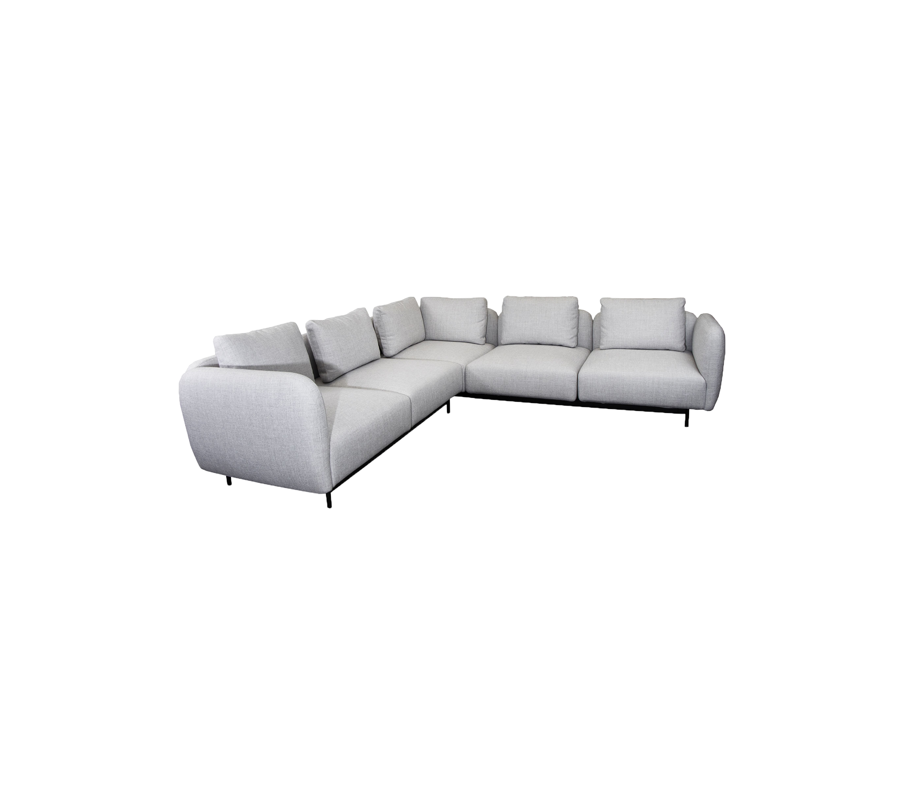 L-formet grå sektion sofa med bløde puder, der har rene linjer og minimalistisk design til moderne indretning.