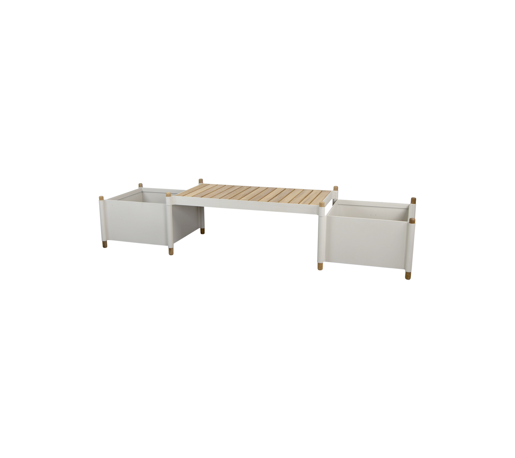 et moderne opbevaringsbord med to hvide beholdere og en top af træplanker, designet til alsidig hjemmeorganisation.