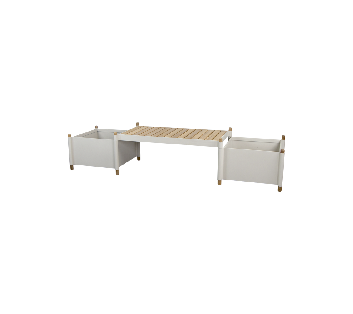 et moderne opbevaringsbord med to hvide beholdere og en top af træplanker, designet til alsidig hjemmeorganisation.