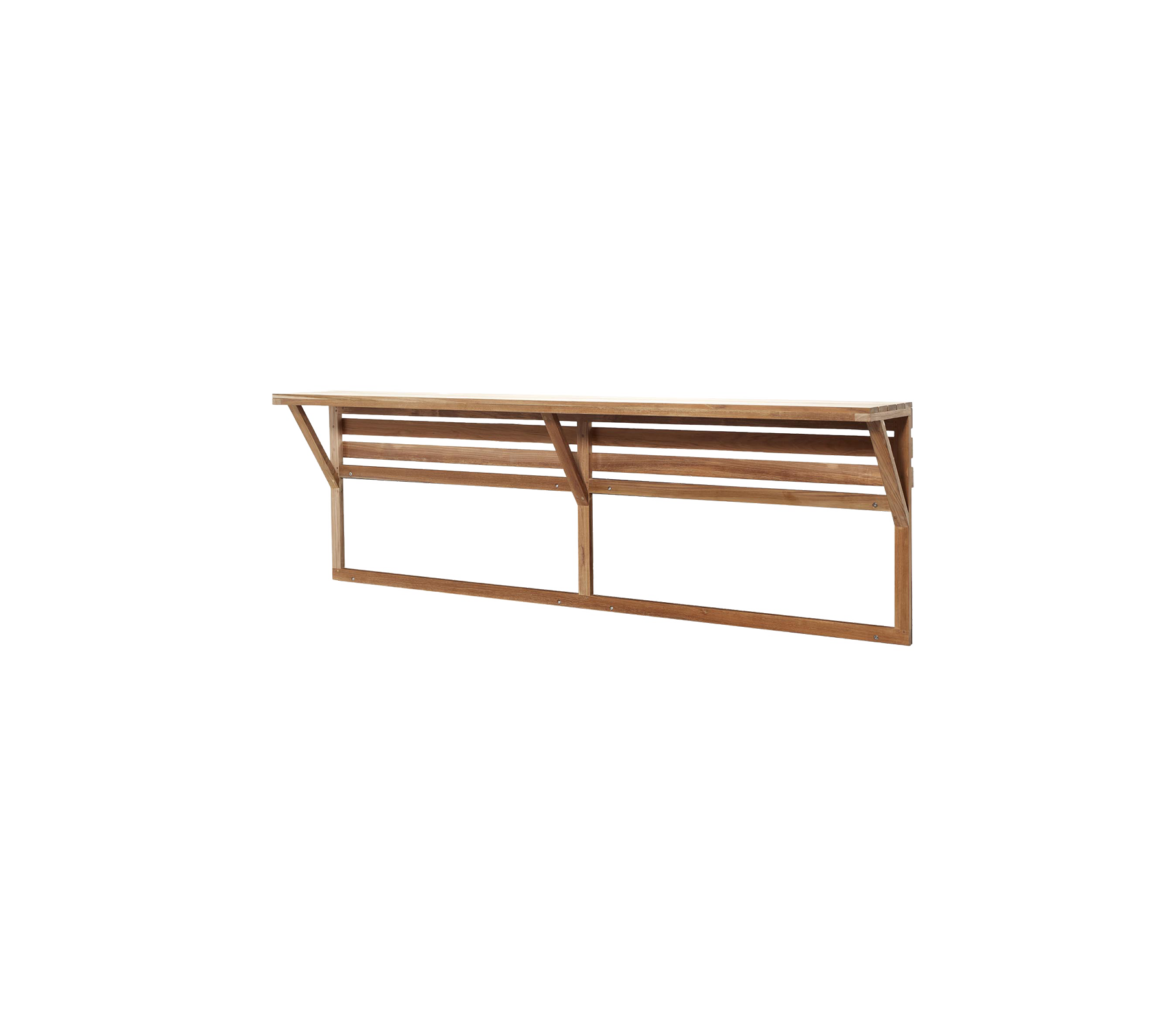 Et slankt træshelf med spalteret design, der har solide sidesupporter for ekstra stabilitet, ideelt til forskellige anvendelser.