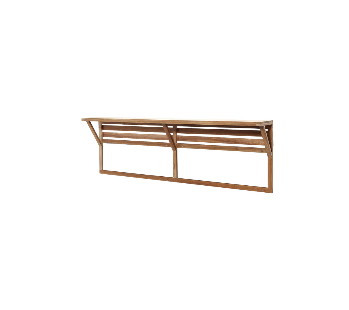 Et slankt træshelf med spalteret design, der har solide sidesupporter for ekstra stabilitet, ideelt til forskellige anvendelser.