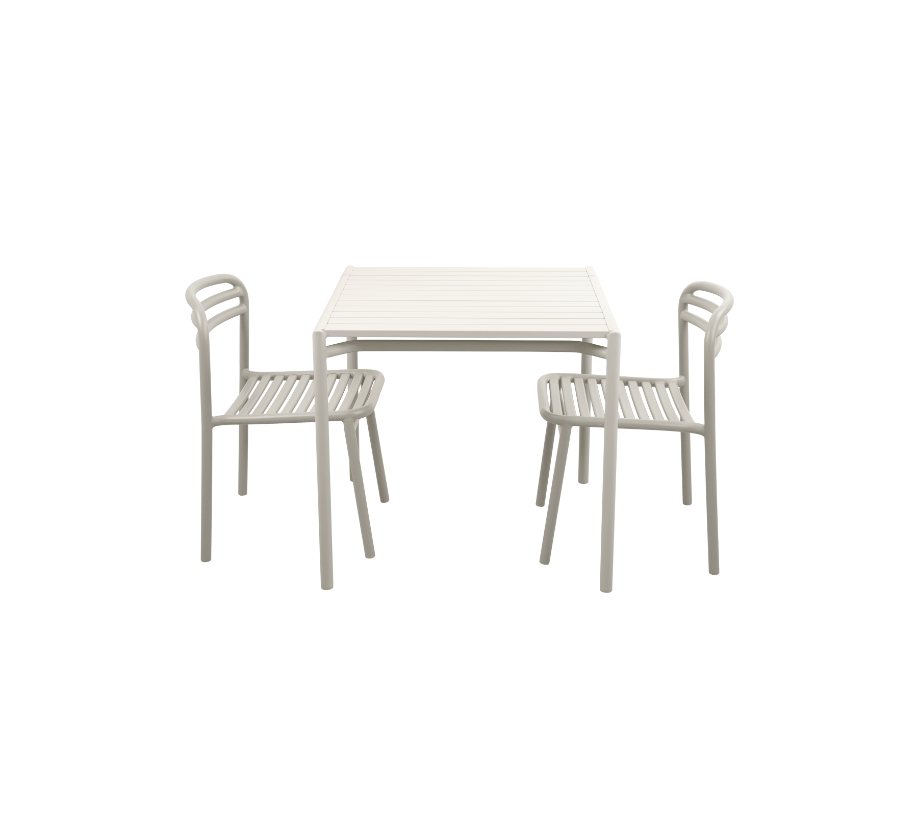 Minimalistisk bord med to matchende stole, der har et enkelt design og lys farvefinish.