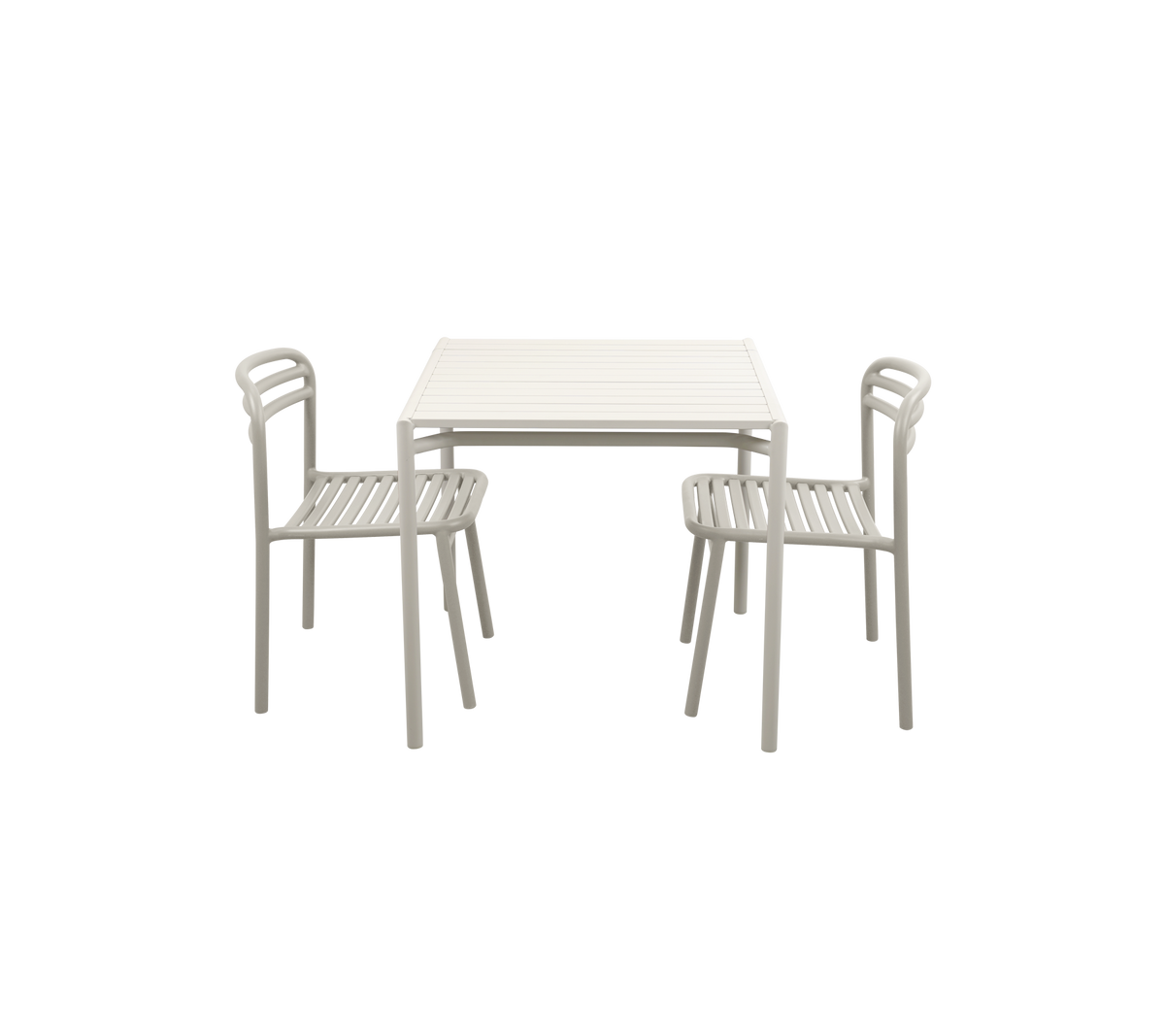 Minimalistisk bord med to matchende stole, der har et enkelt design og lys farvefinish.