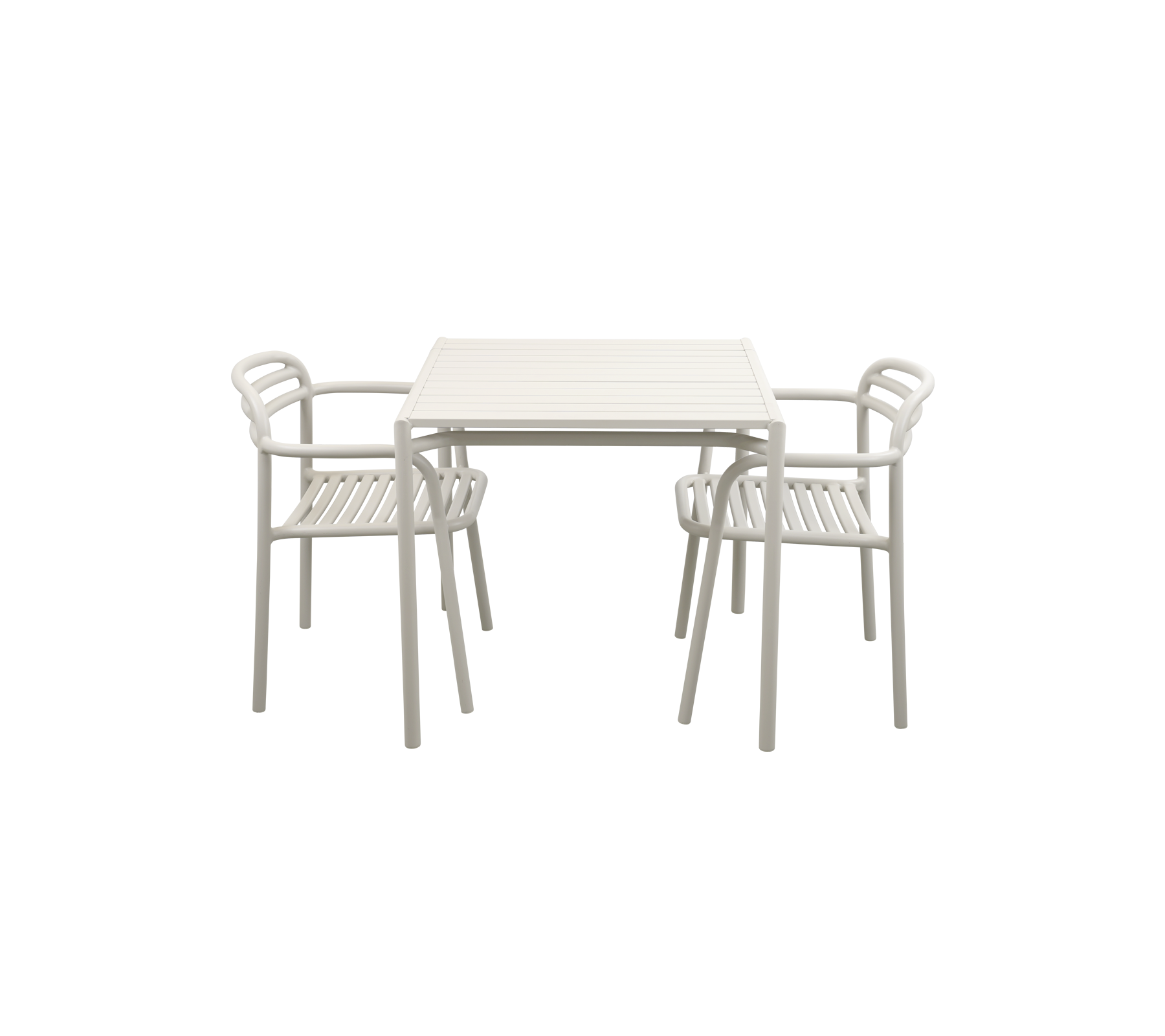 Et lyst farvet bord med to matchende stole, der har et elegant design velegnet til afslappet spisning eller sammenkomster.