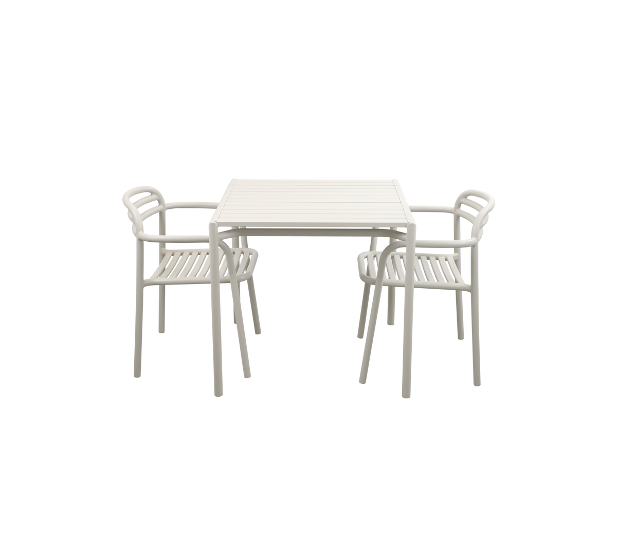 Et lyst farvet bord med to matchende stole, der har et elegant design velegnet til afslappet spisning eller sammenkomster.