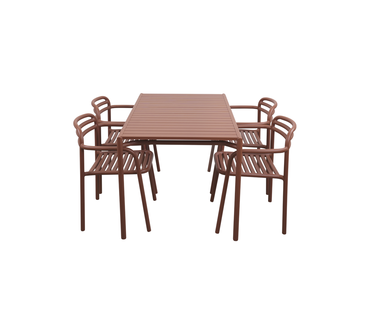 Brun rektangulær spisebord omgivet af seks matchende stole med lamel design for et moderne æstetisk udtryk.