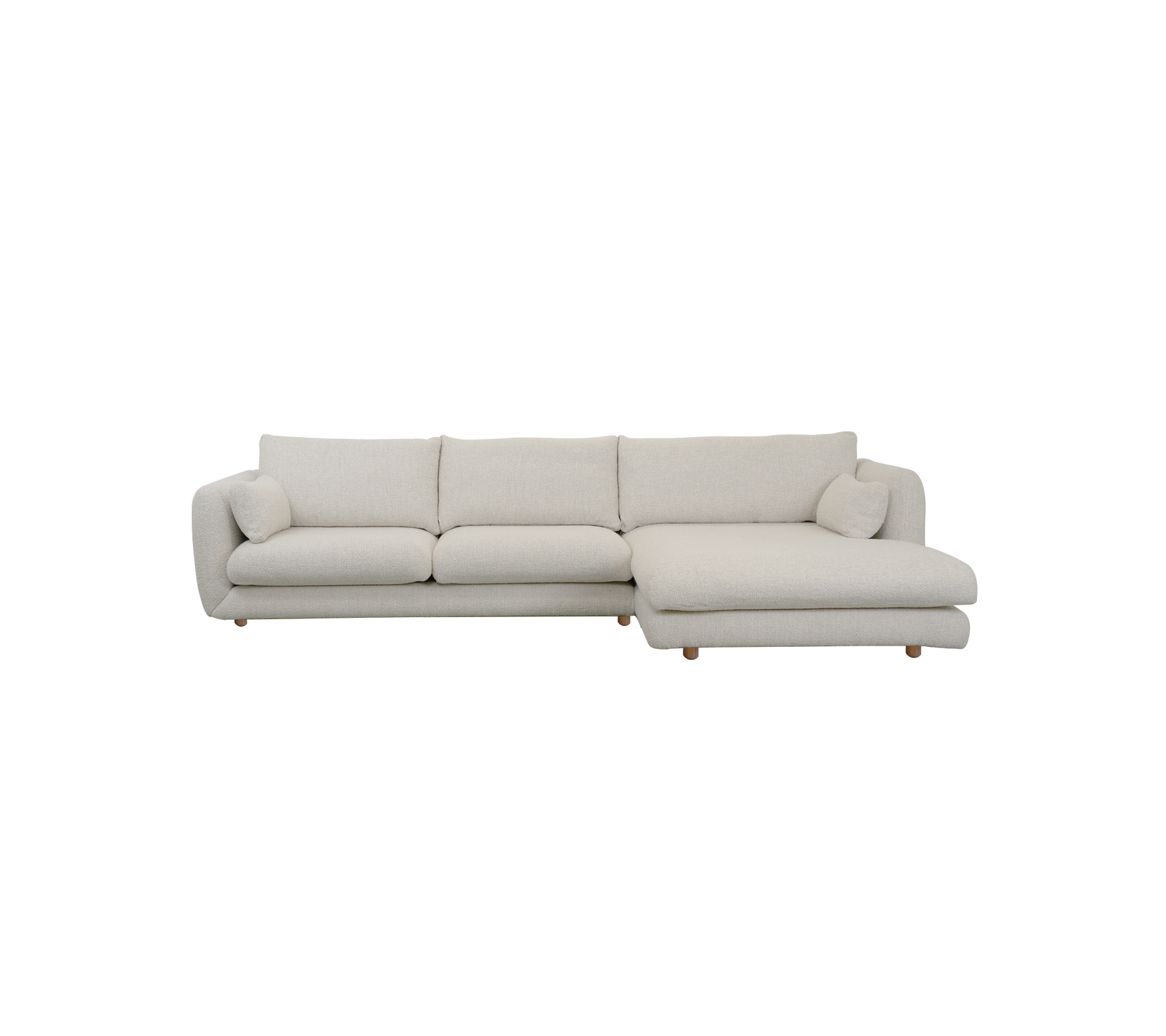 Moderne sandfarvet sofa med rene linjer og et minimalistisk design.