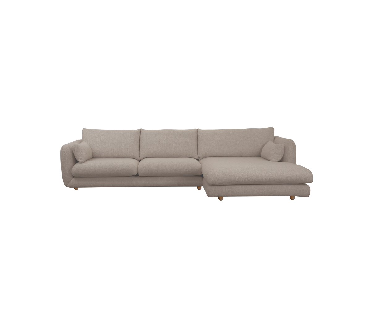 Lysebrunt sektionelt sofa med puder i en moderne loungeindstilling.